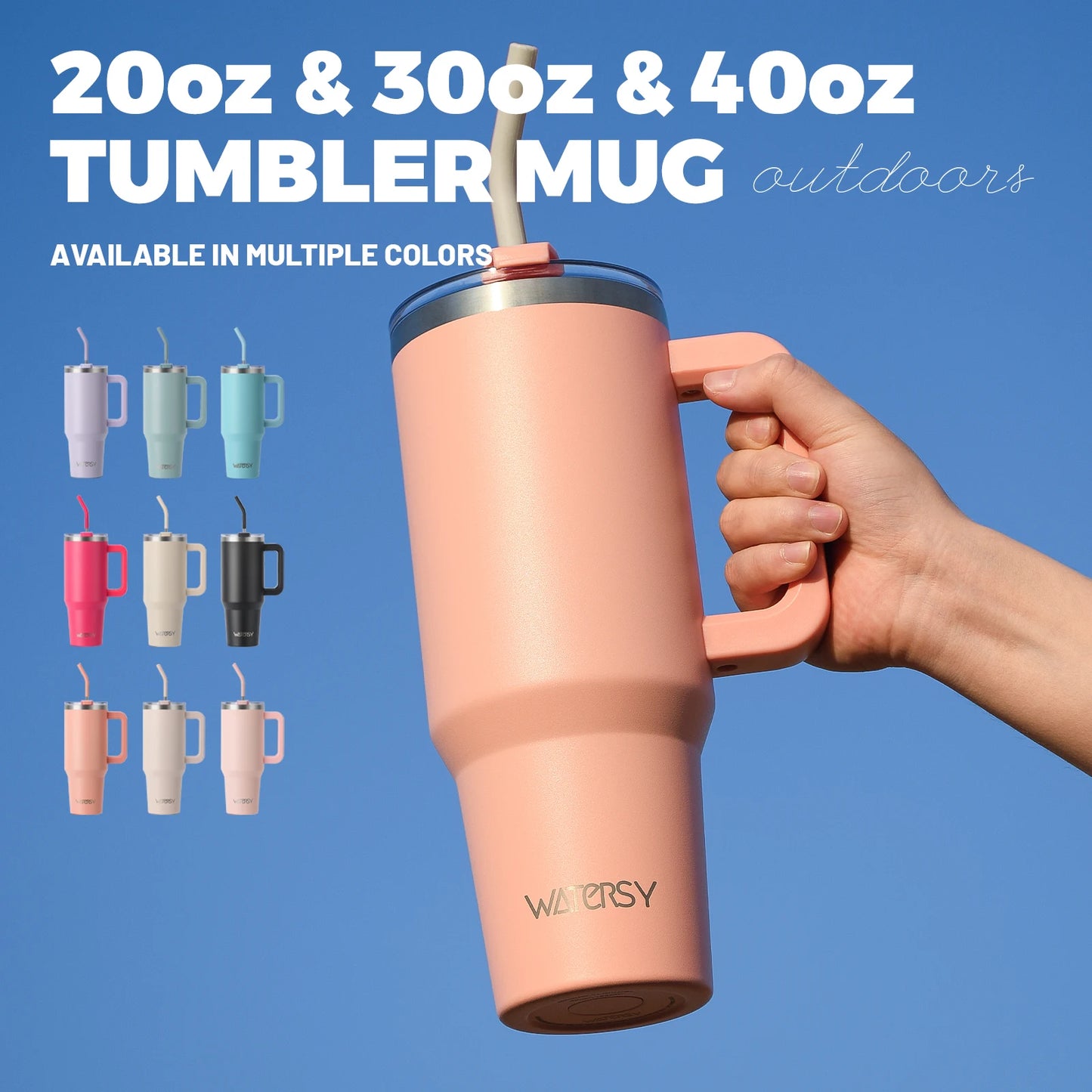Gobelet WATERSY 20/30/40oz avec poignée et paille, tasse thermique en acier inoxydable de grande capacité, tasse isolée sous vide pour voiture, voyage