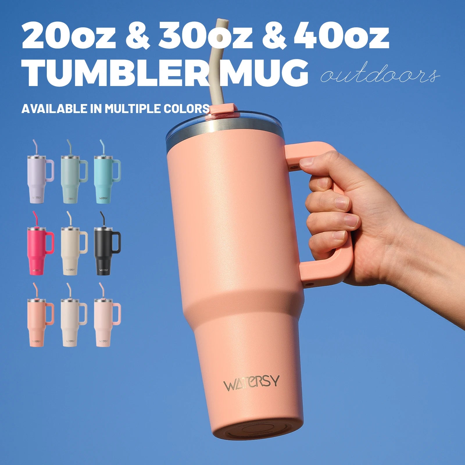 Gobelet WATERSY 20/30/40oz avec poignée et paille, tasse thermique en acier inoxydable de grande capacité, tasse isolée sous vide pour voiture, voyage