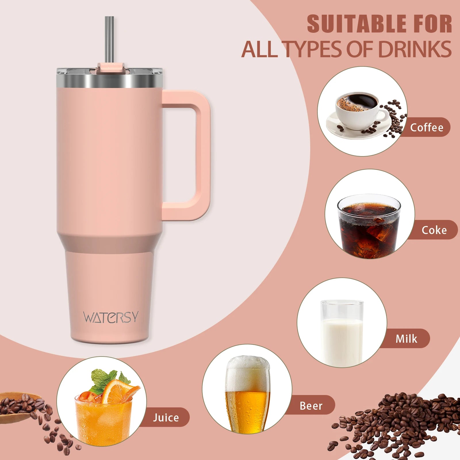 Gobelet WATERSY 20/30/40oz avec poignée et paille, tasse thermique en acier inoxydable de grande capacité, tasse isolée sous vide pour voiture, voyage