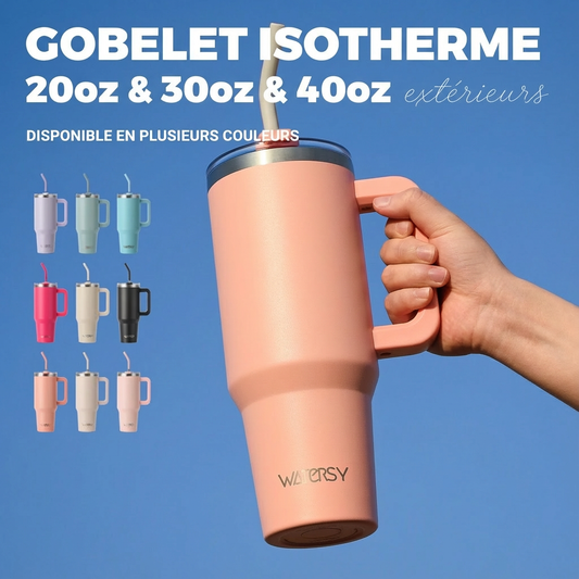 Gobelet WATERSY 20/30/40oz avec poignée et paille, tasse thermique en acier inoxydable de grande capacité, tasse isolée sous vide pour voiture, voyage