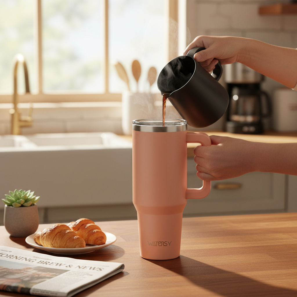 Gobelet WATERSY 20/30/40oz avec poignée et paille, tasse thermique en acier inoxydable de grande capacité, tasse isolée sous vide pour voiture, voyage