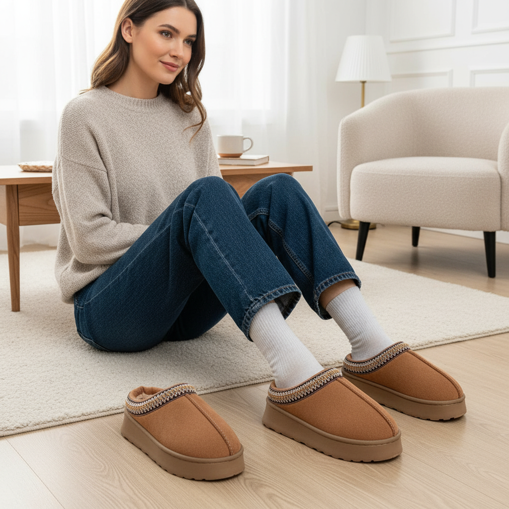 Hot Winter Women Slippers Plush Interior Anti Slip Thick Sole Fashion Embroidered Warm House Shoes for Ladies